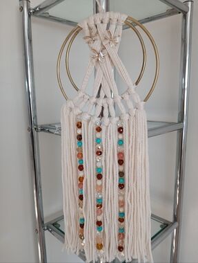 Boho Macramé Fringe Dream Catcher  - Cream & Turquoise Accents